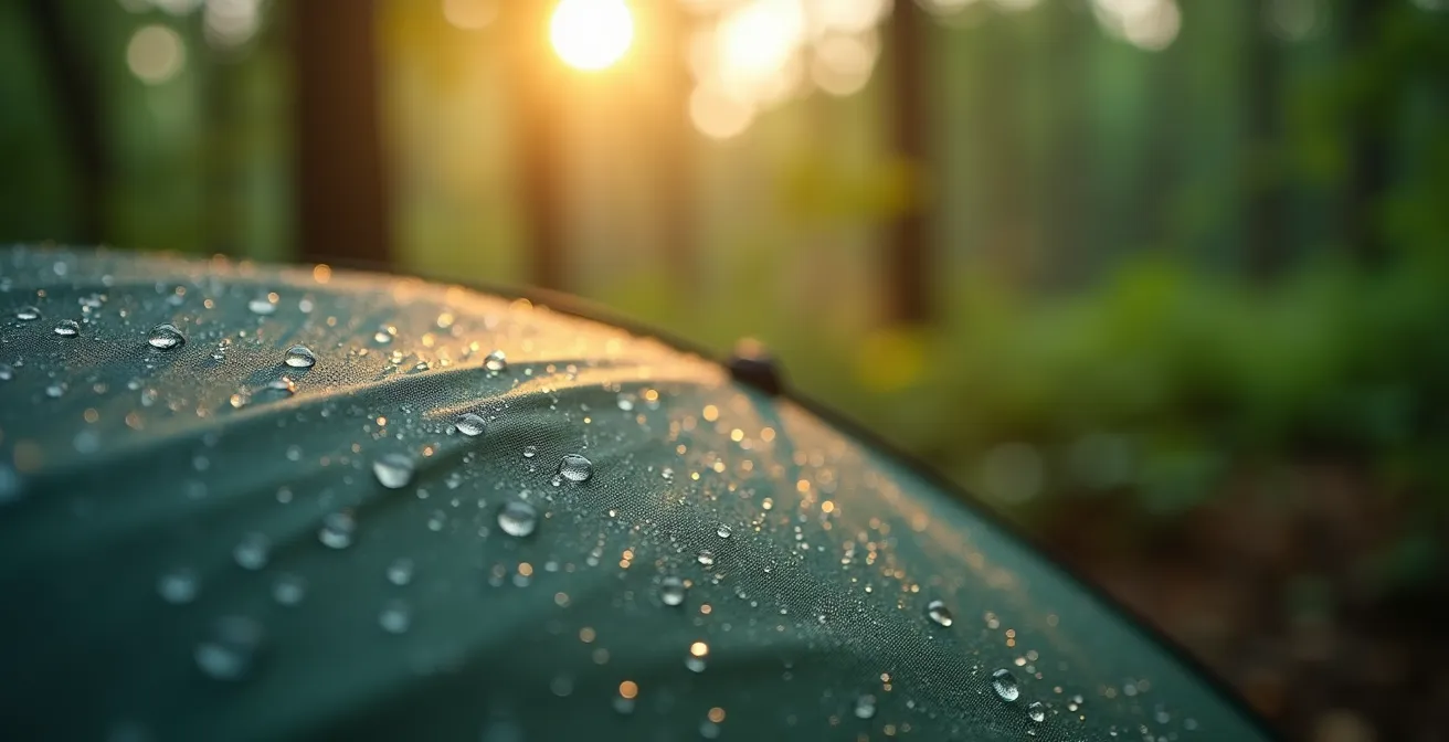 Détail en macro de la toile de tente avec gouttes de rosée matinale