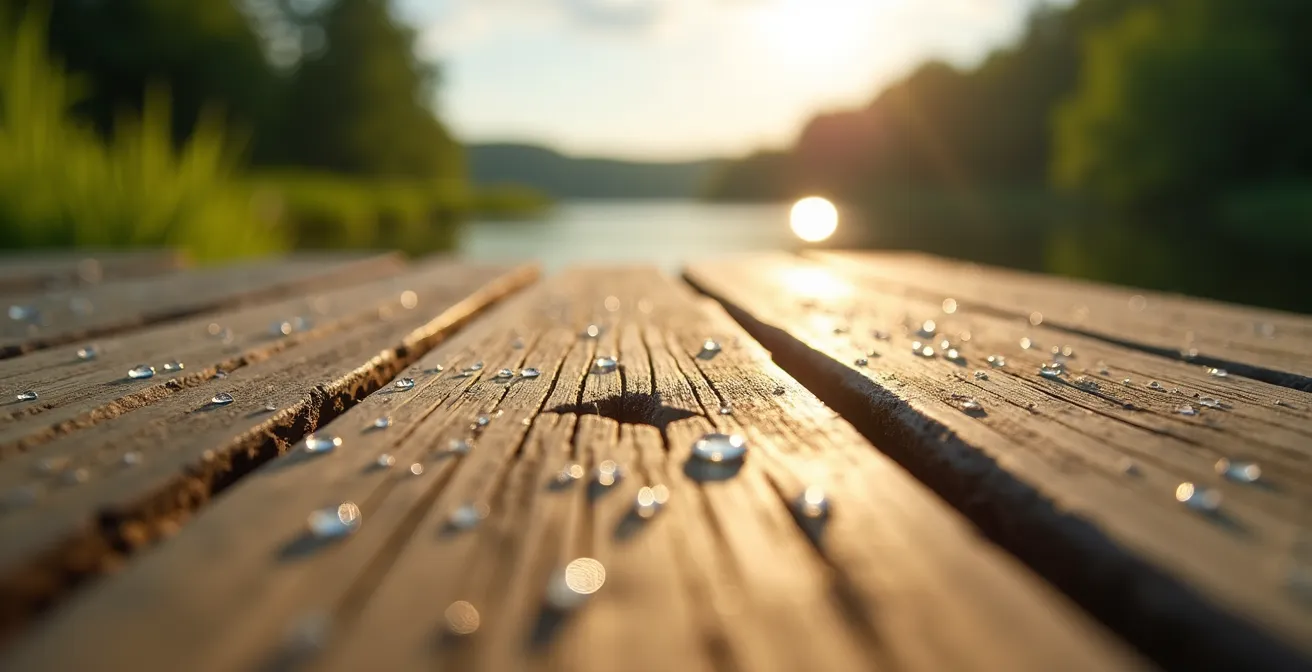Détail macro des lattes de bois d'une terrasse de mobil-home au lever du soleil