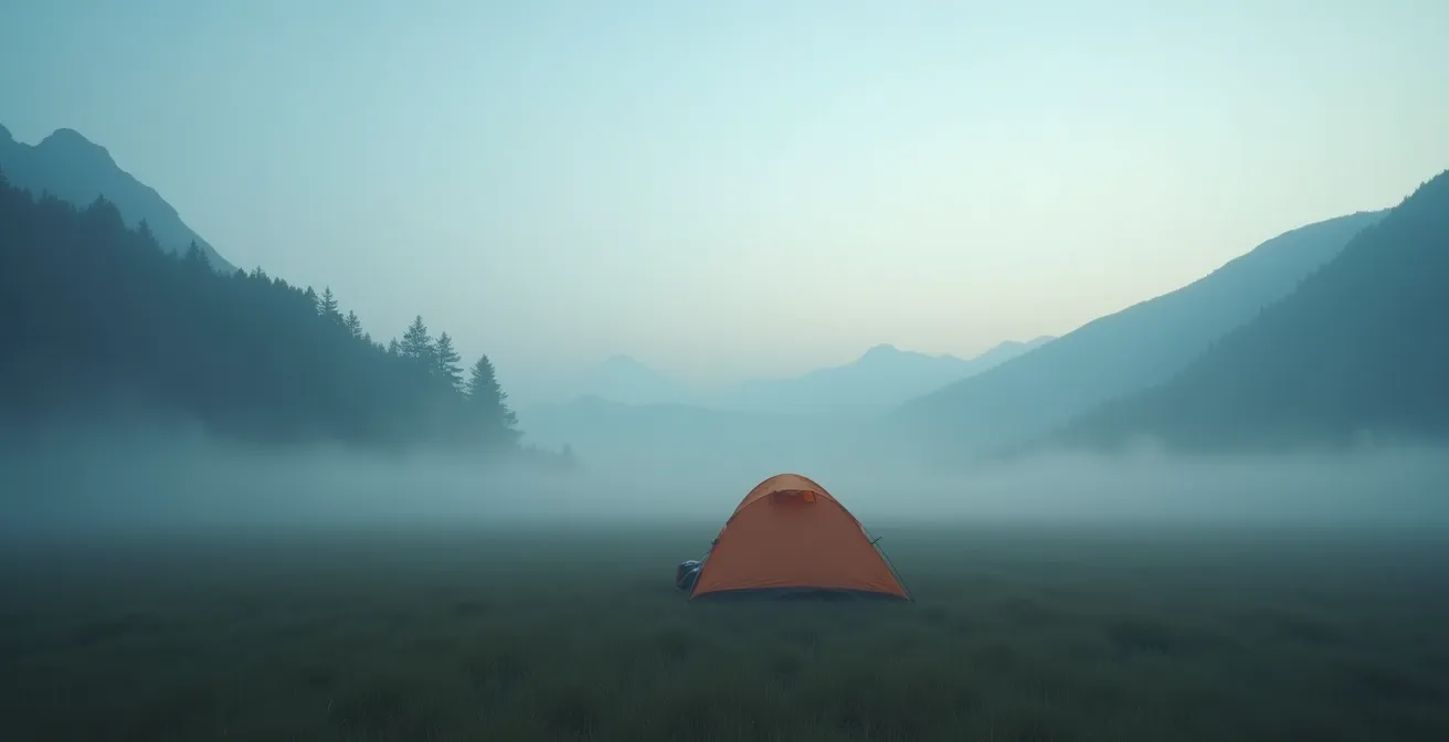Vue aérienne d'un emplacement de camping dans la brume matinale avec espace négatif