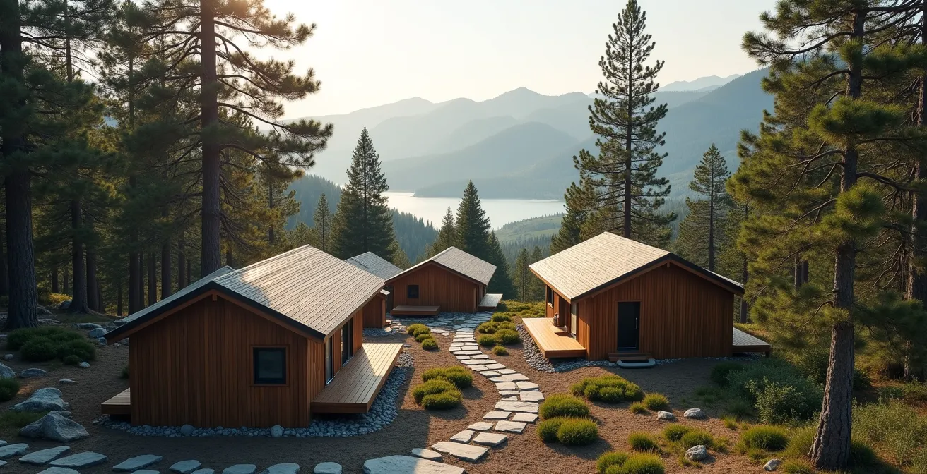 Vue large d'un espace camping épuré avec lodges modernes intégrés dans la nature