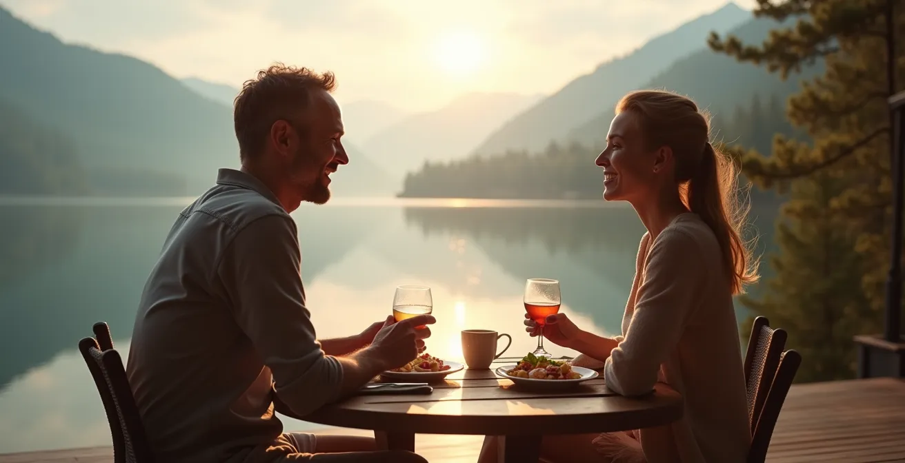 Couple savourant un petit-déjeuner sur la terrasse privée de leur lodge avec vue sur le lac