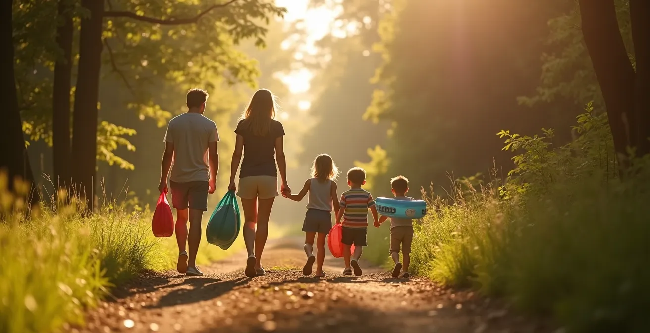 Famille avec équipement de plage marchant sur le sentier vers le lac
